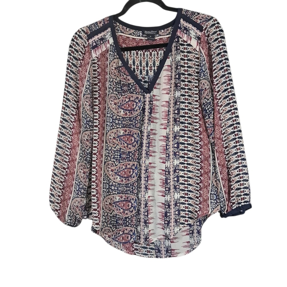 Lucky Brand Top‎ Womens Medium Colorful Boho Sheer V Neck Long Sleeve Paisley